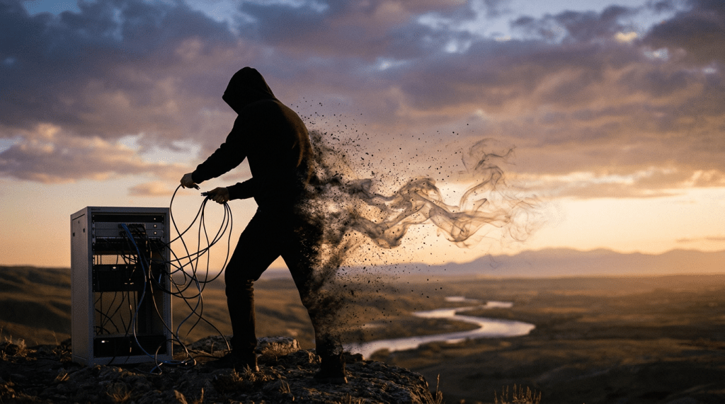 Hooded person connecting cables to a server rack outdoors with their back dissolving into smoke and particles